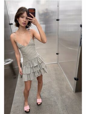 Zara Striped Ruffle Mini Dress in Beige and White